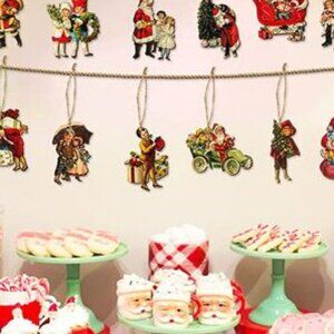 46Pcs Christmas Victorian Style Banner Vintage Santa Claus Ornaments Decorations
